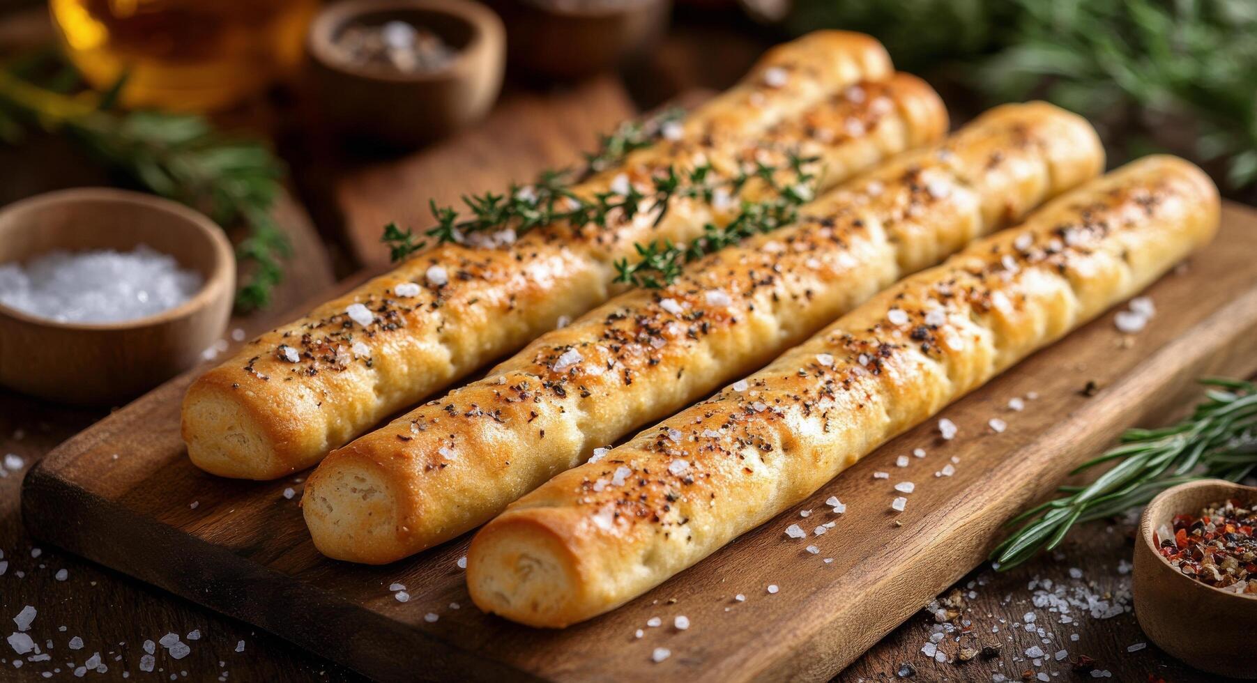 Savory baked breadsticks garnished with herbs on a wooden board in a cozy kitchen setting photo