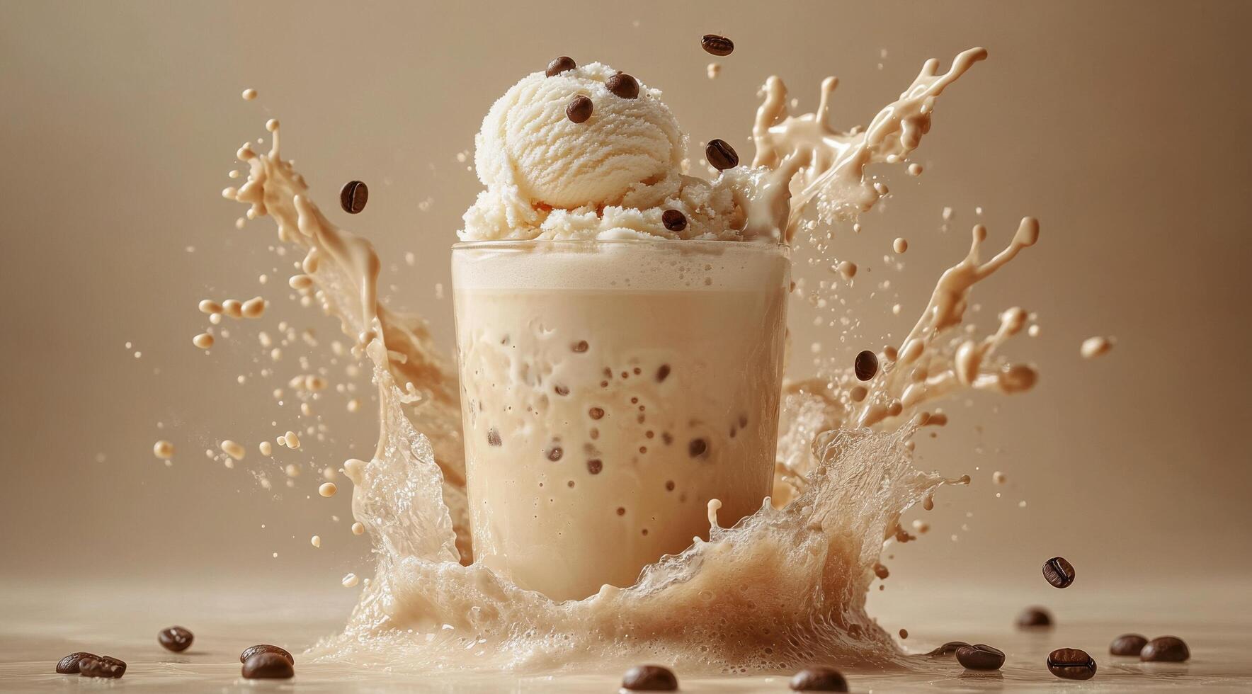 Delicious coffee dessert with ice cream and a dramatic splash on a neutral background photo