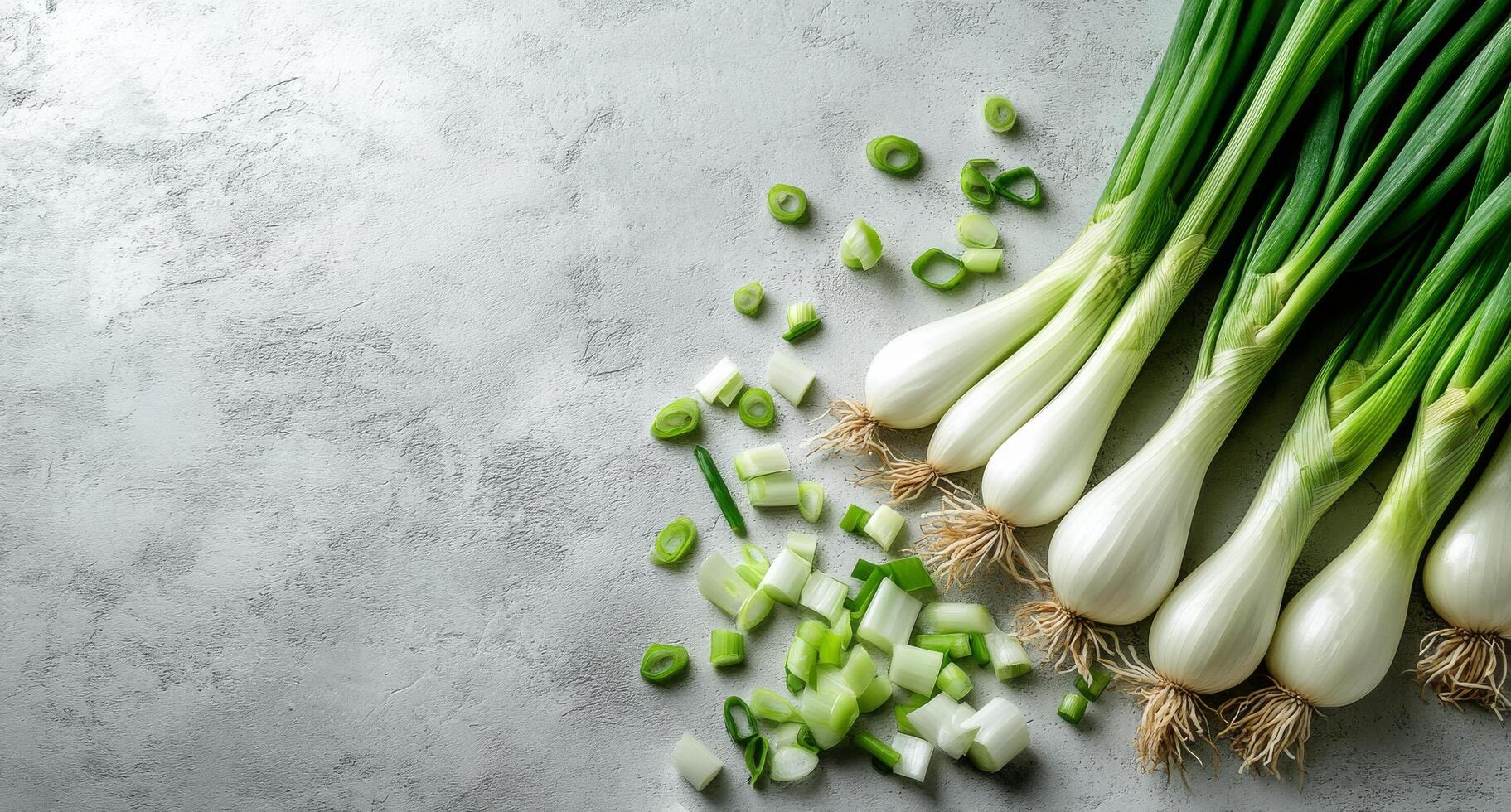 Freshly chopped green onions arranged beside whole scallions on a light textured surface photo