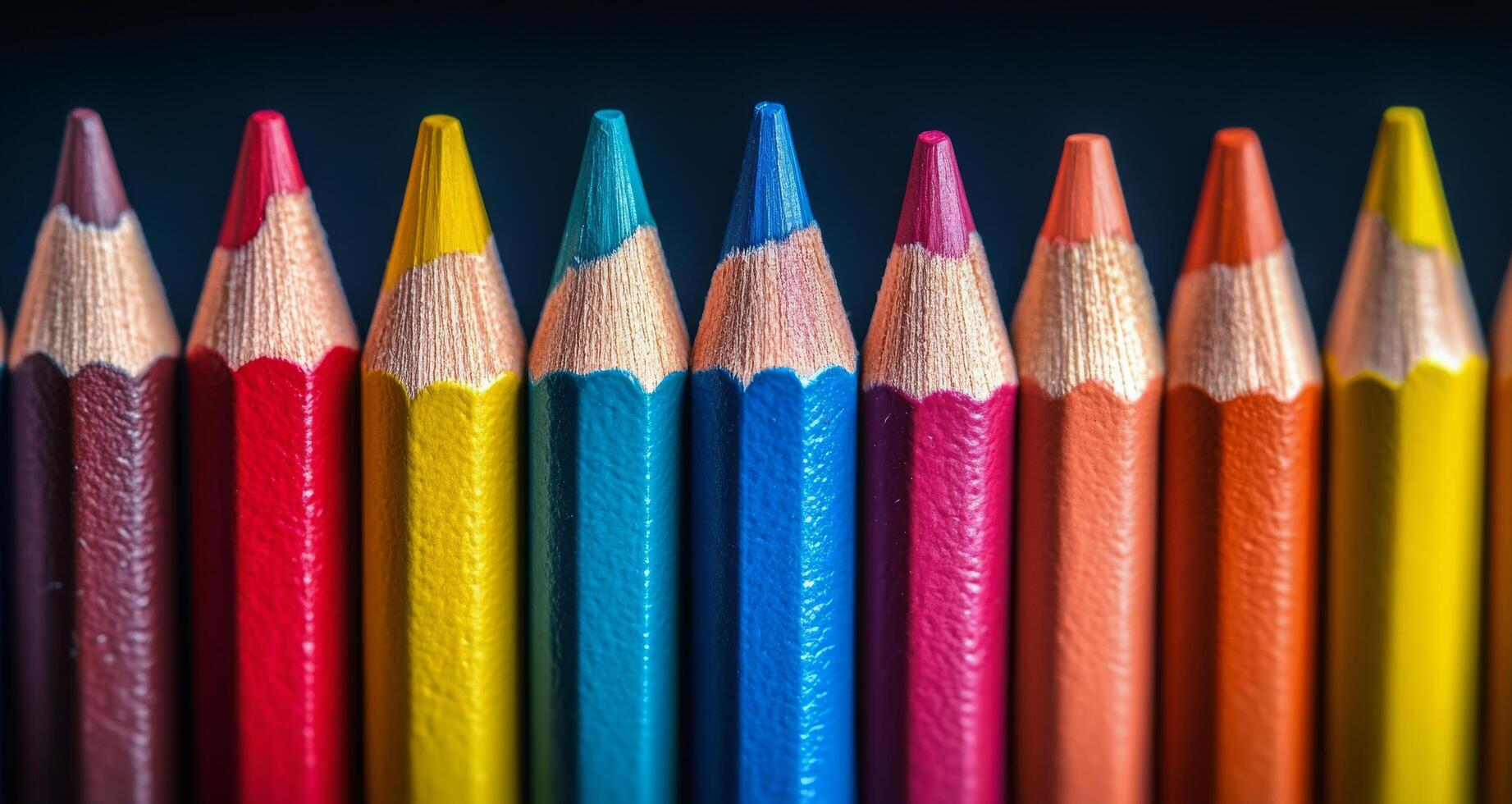 Colorful pencils arranged neatly on a dark surface for artistic creativity photo