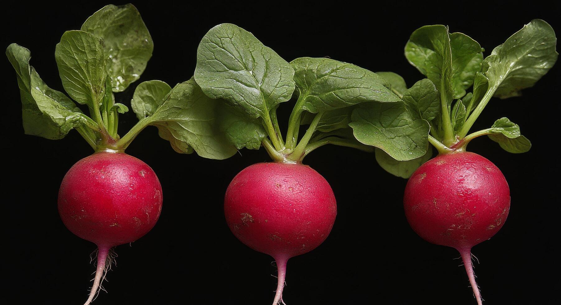 Freshly harvested radishes with vibrant green leaves on a dark background photo