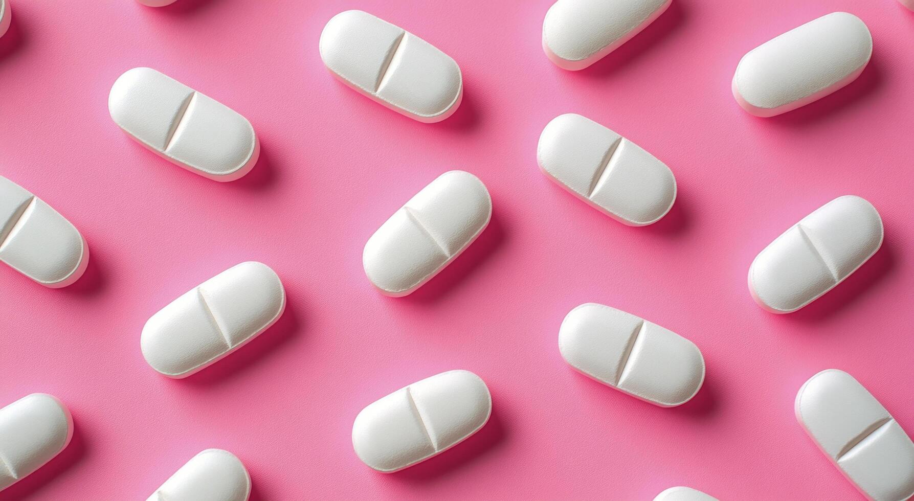 White pills arranged in a pattern on a vibrant pink background showcasing simplicity in design photo