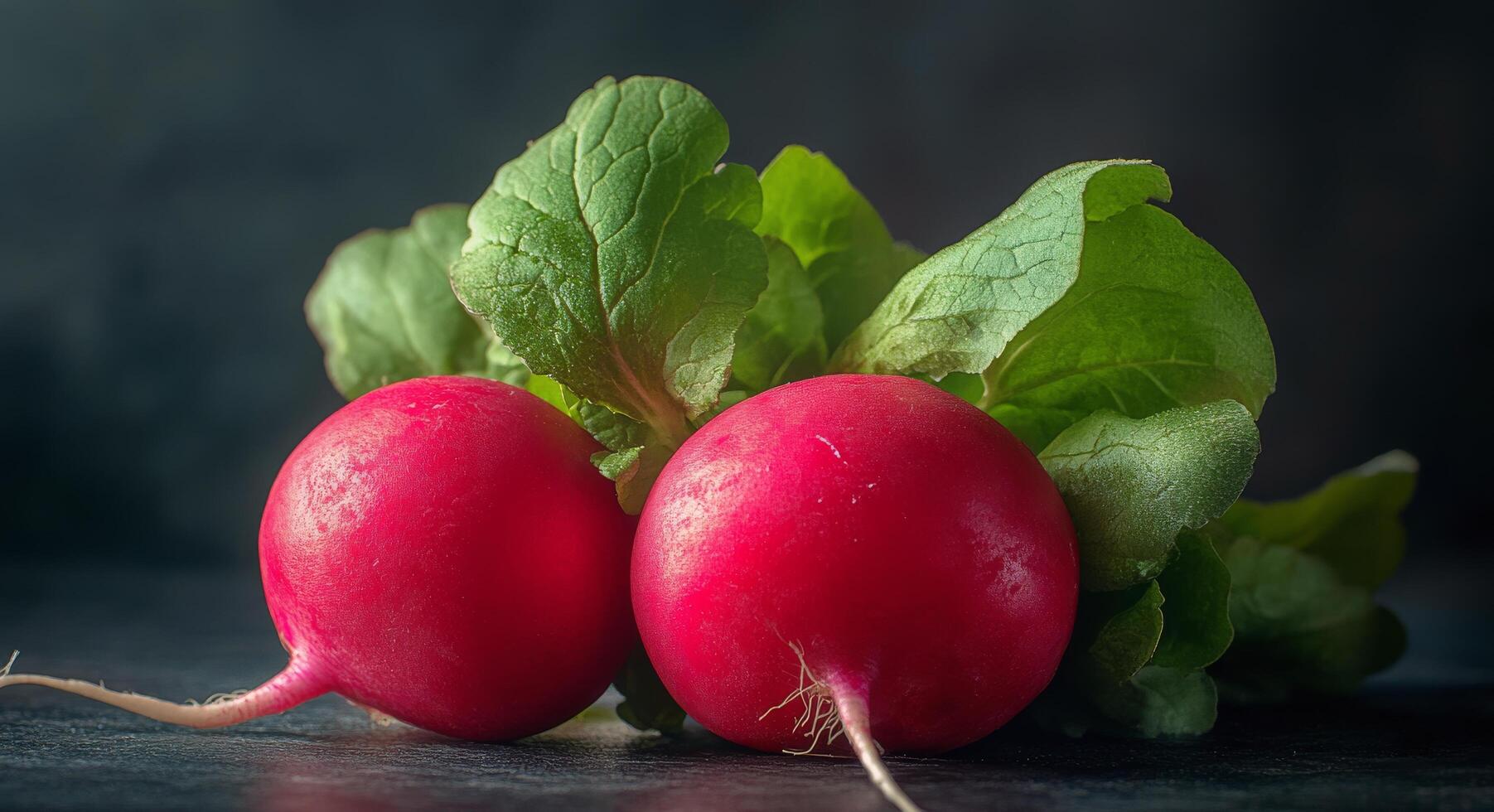 Fresh red radishes with green leaves on a dark background in a natural light setting photo