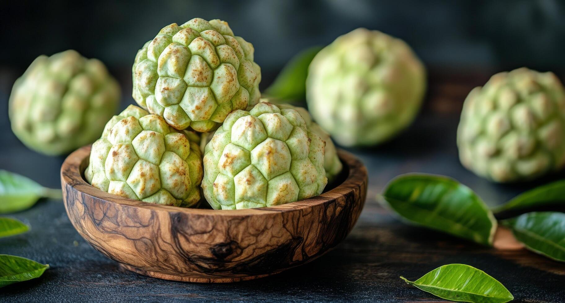 Fresh cherimoyas in wooden bowls on a textured green surface with leaves nearby photo