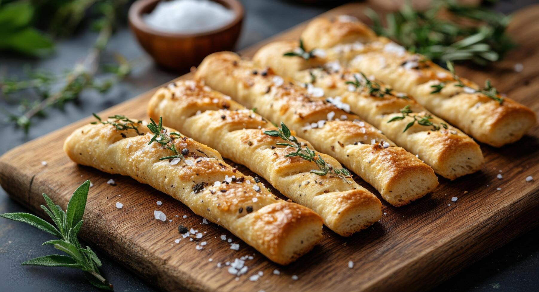 Savory baked breadsticks garnished with herbs on a wooden board in a cozy kitchen setting photo