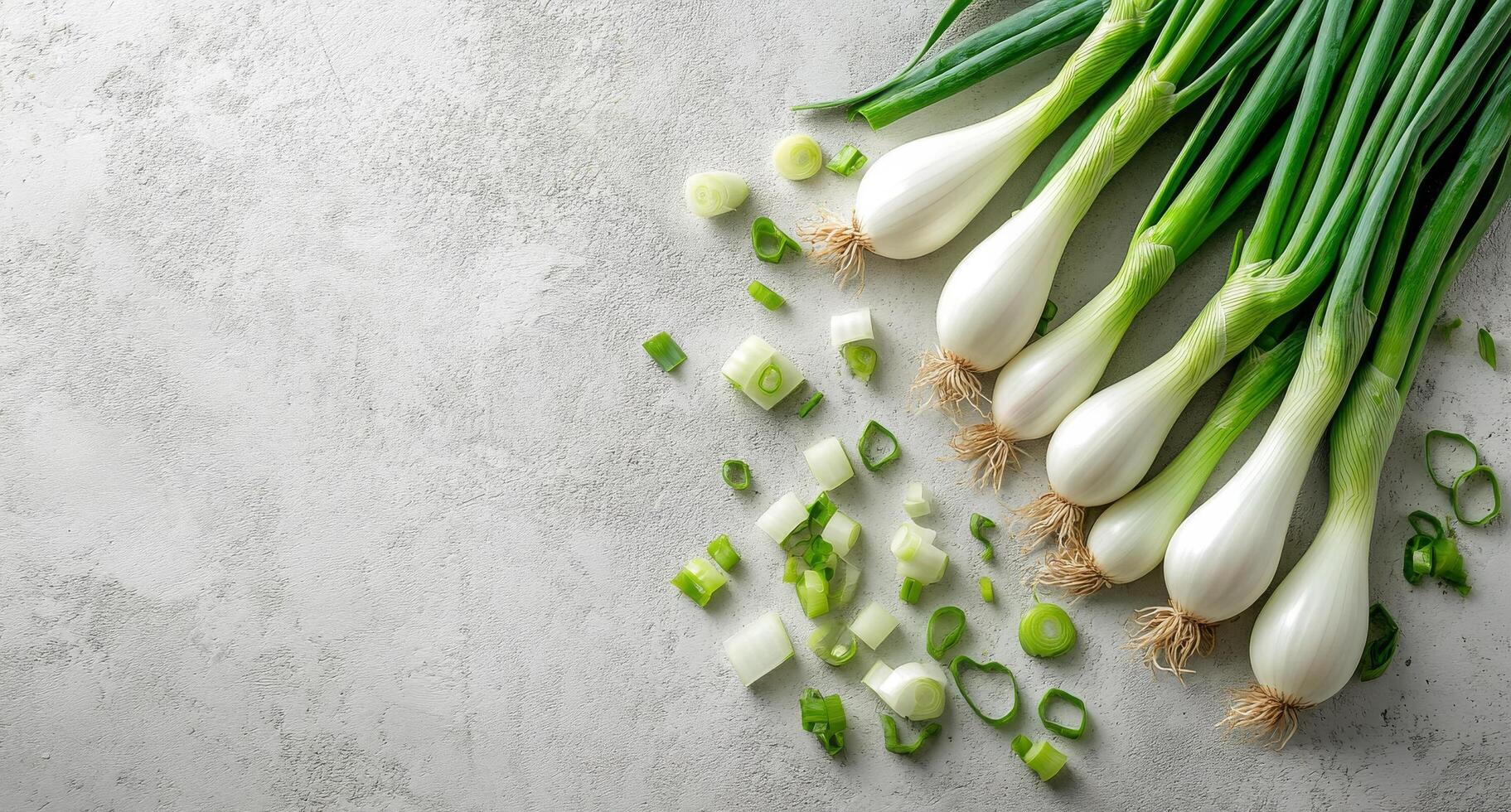 Freshly chopped green onions arranged beside whole scallions on a light textured surface photo