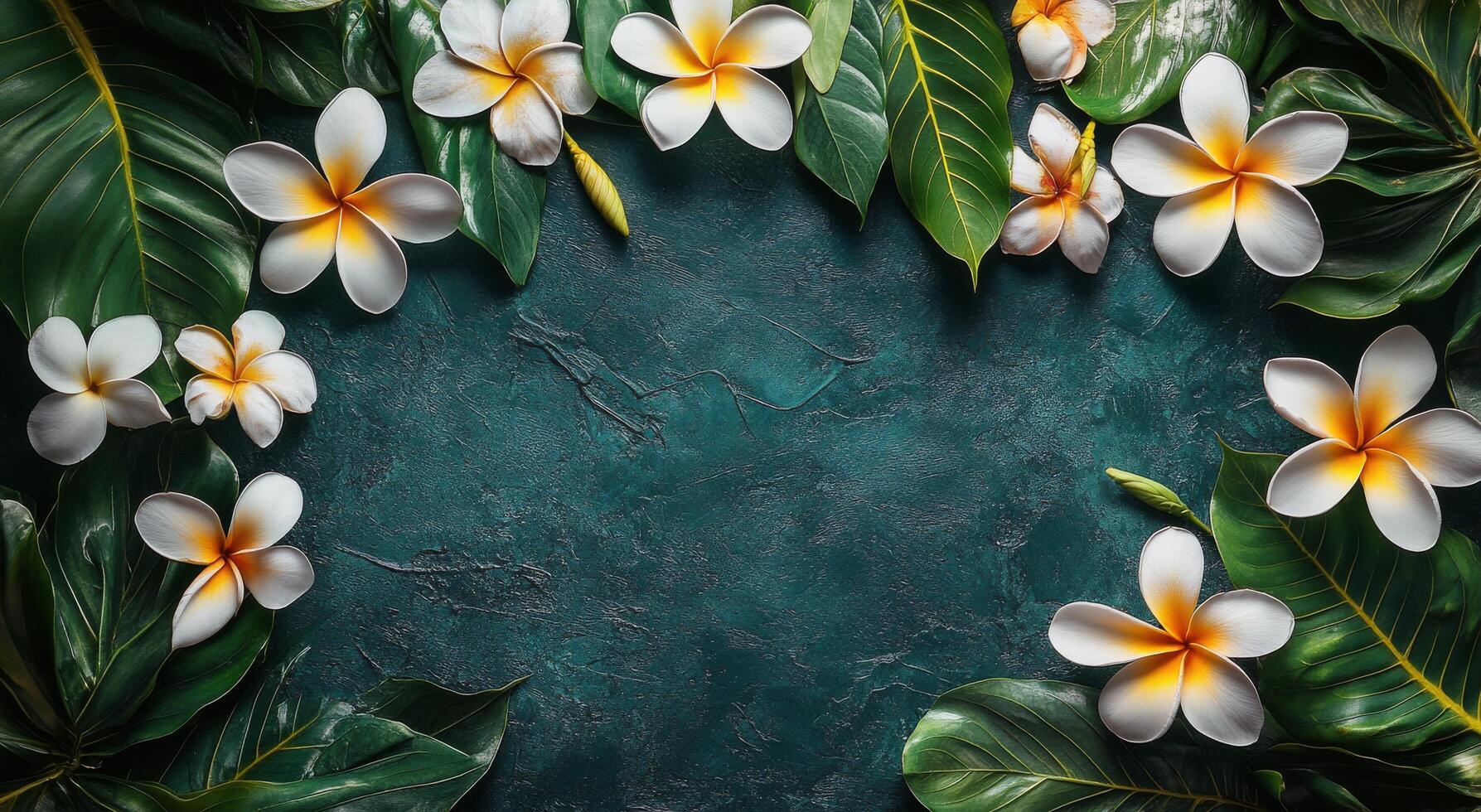 A vibrant arrangement of white and yellow flowers framed by lush green leaves on a dark background photo