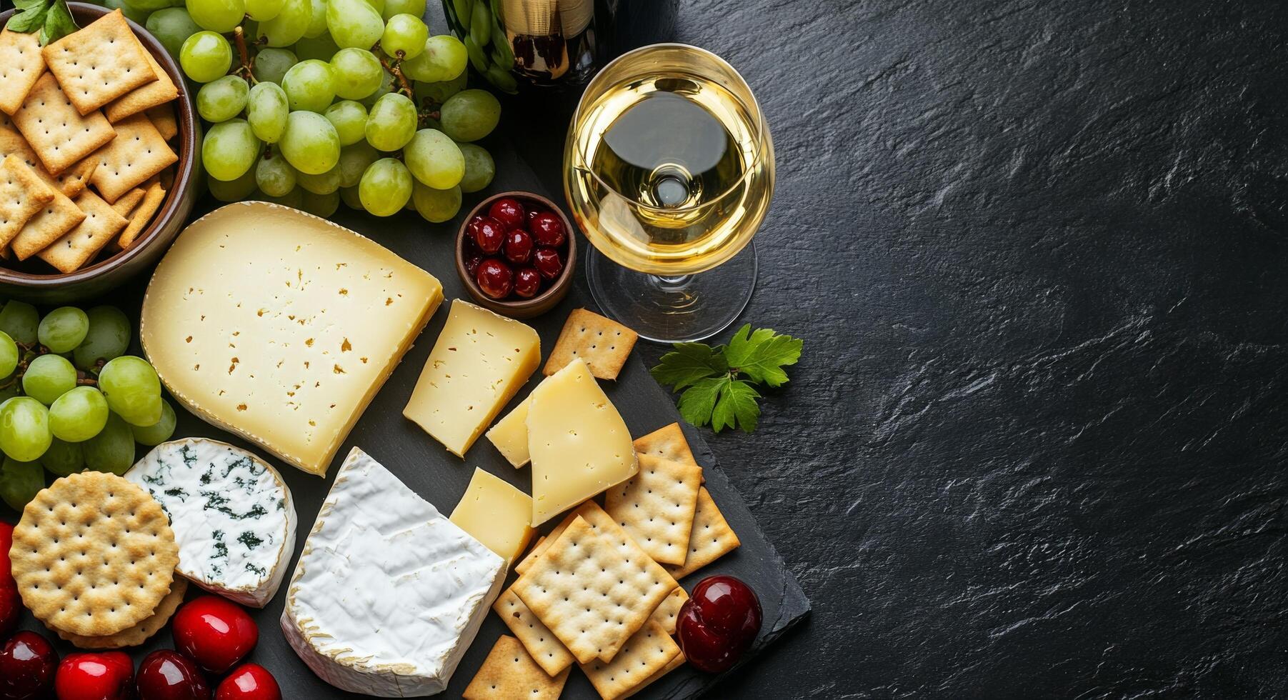 A delightful spread of cheese, crackers, grapes, and wine for an elegant evening gathering photo