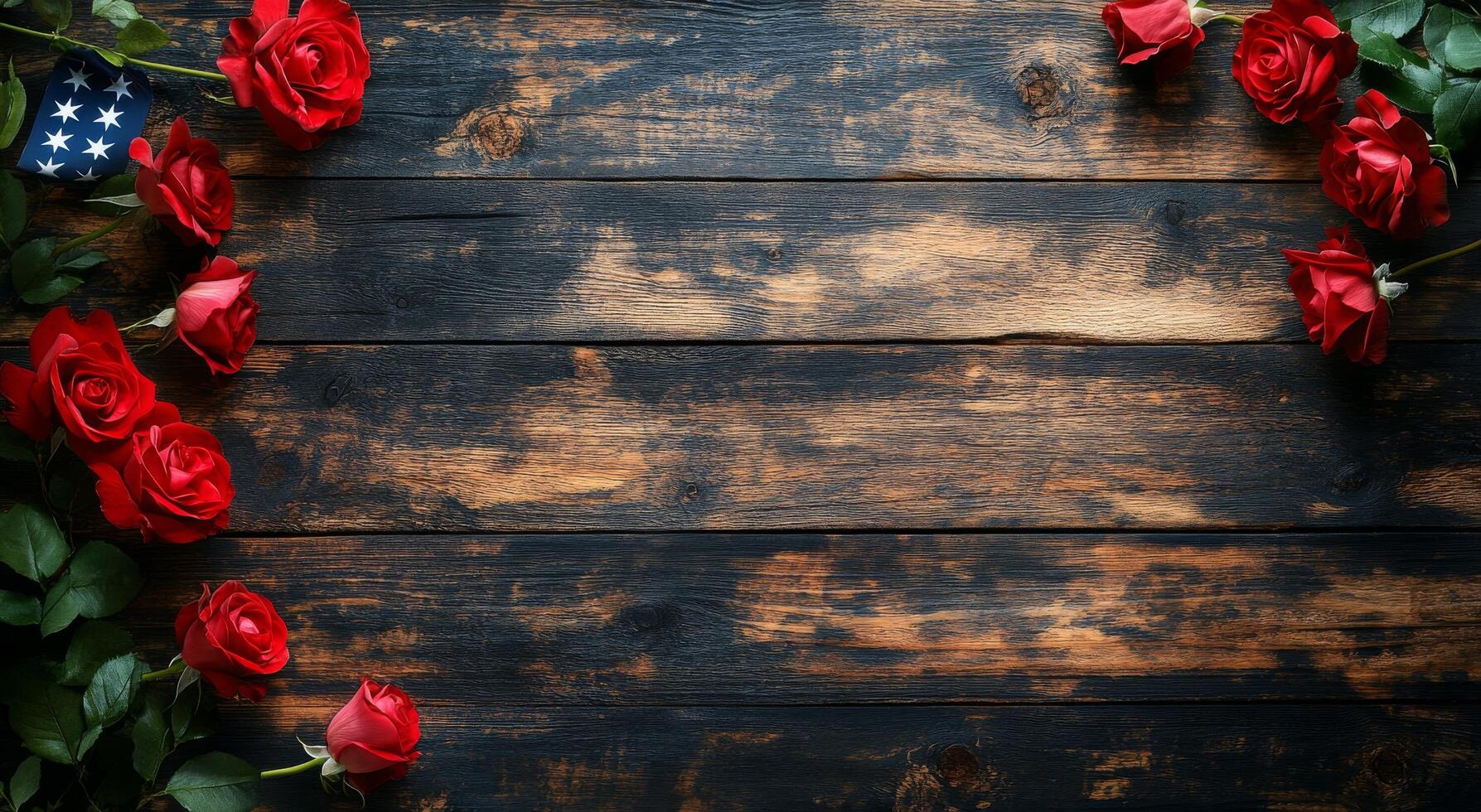 un soltero rojo Rosa con verde hojas metido en un rústico de madera mesa en suave Encendiendo foto