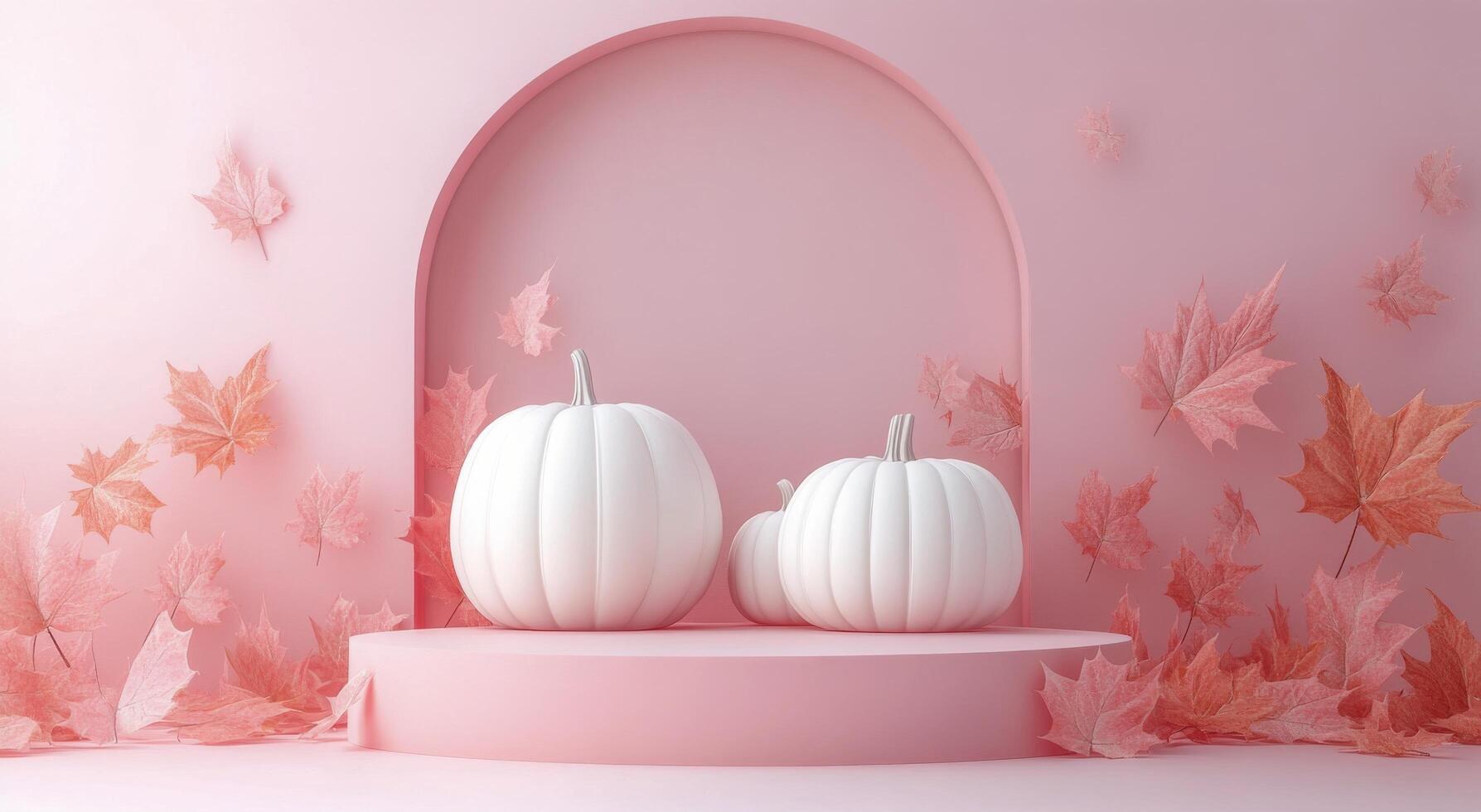 Autumn-inspired display featuring white pumpkins and colorful leaves on a soft pink background photo