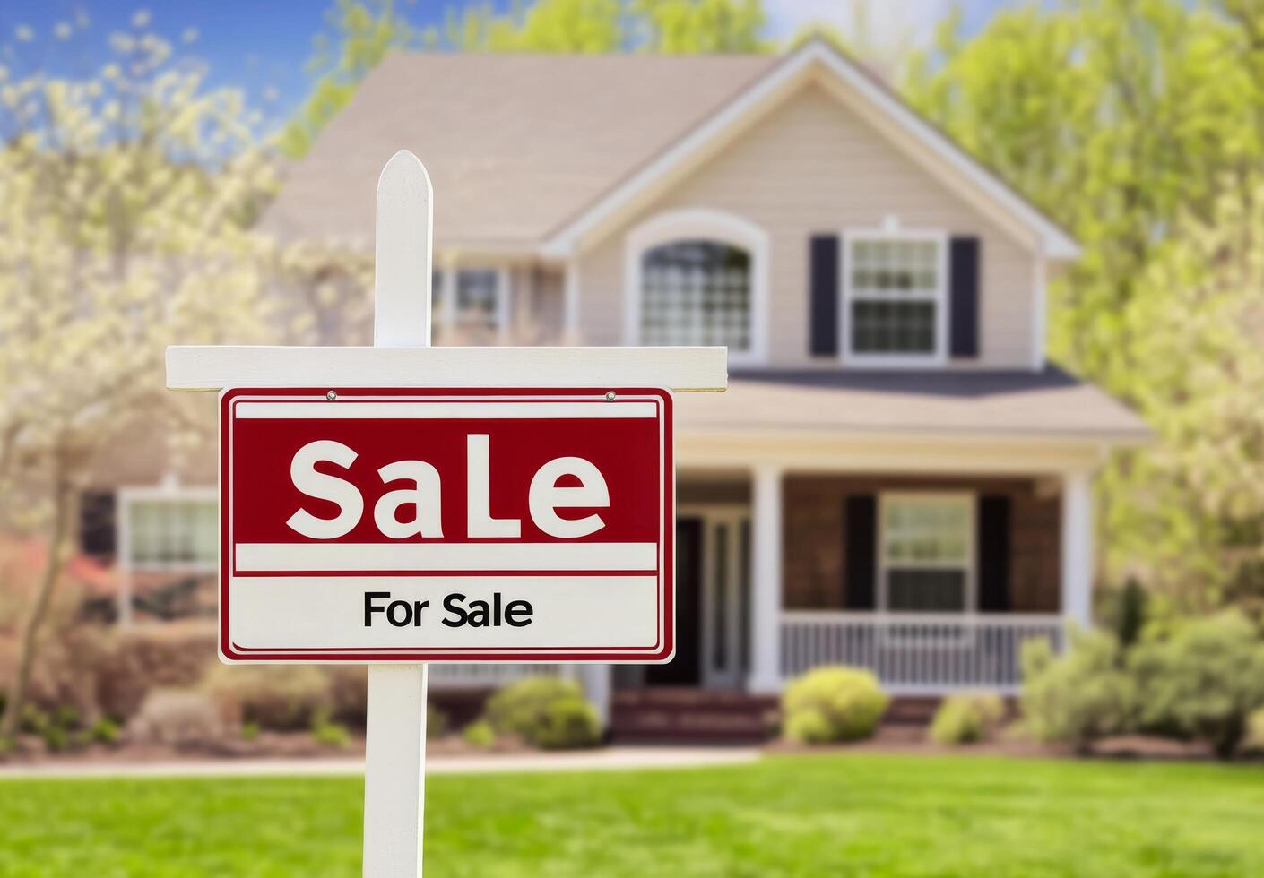 Charming two-story home with a for sale sign situated in a suburban neighborhood on a sunny day photo