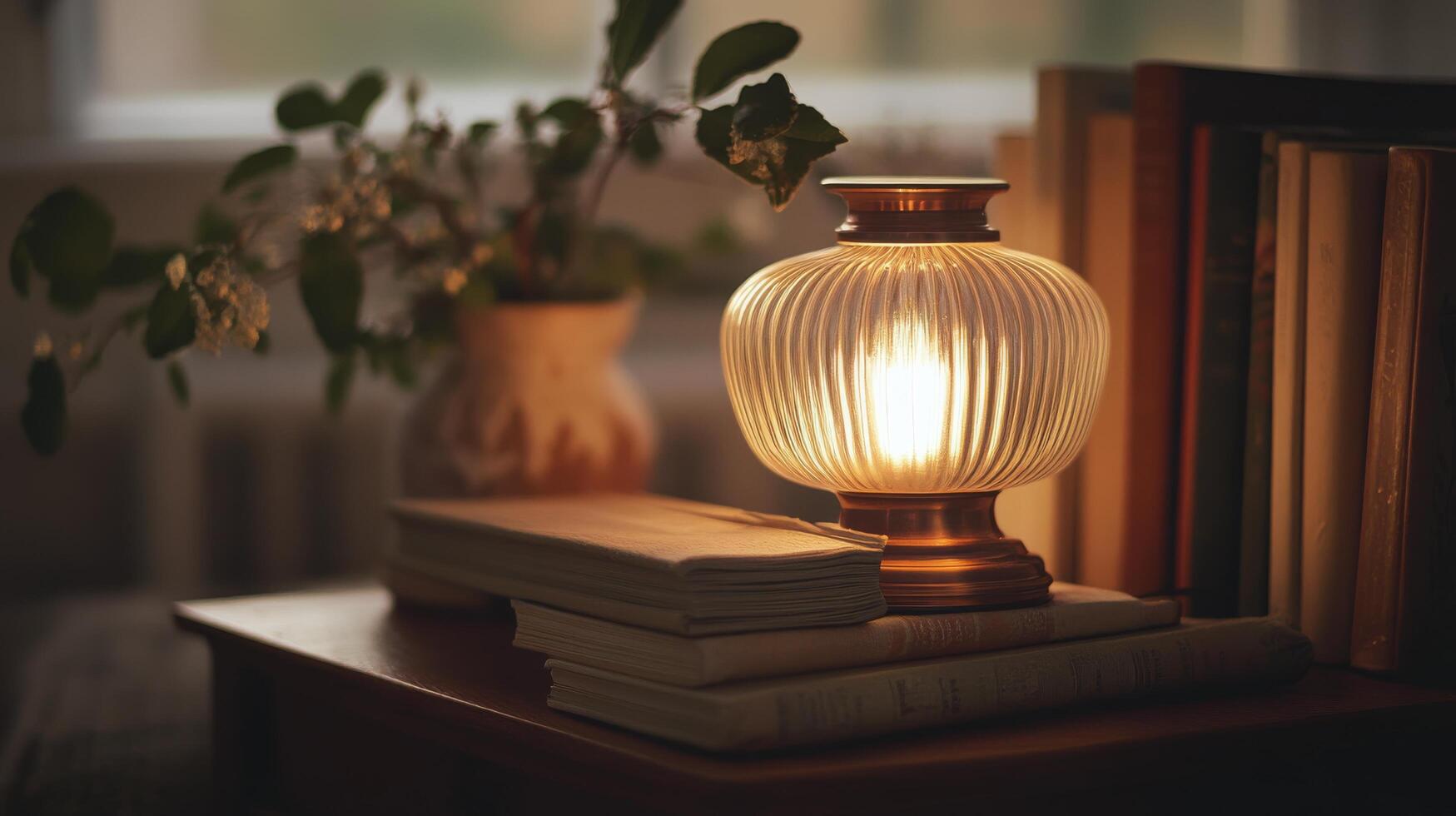 Cozy reading nook with vintage lamp and stacked books in a softly lit room during evening hours photo
