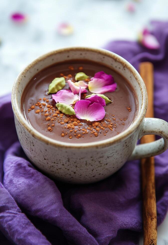 Warm spiced cocoa topped with rose petals and nuts resting on a purple cloth photo