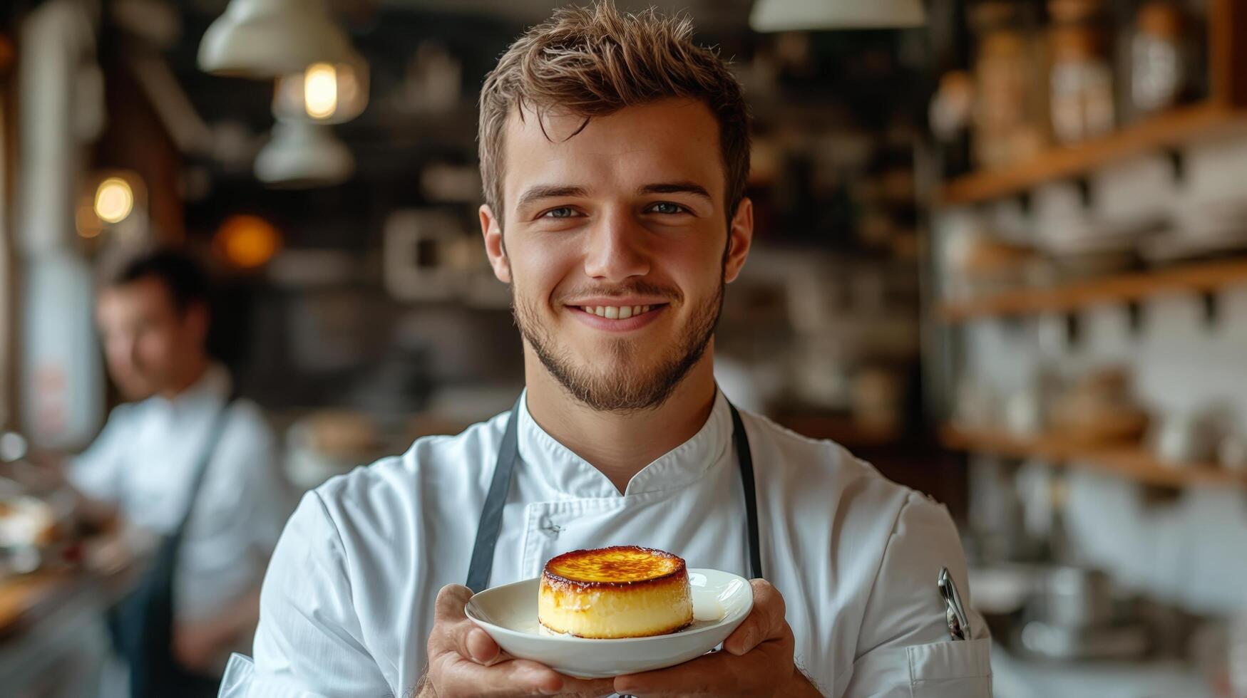 Smiling chef proudly presenting a bowl of freshly prepared soup in a bustling kitchen setting photo