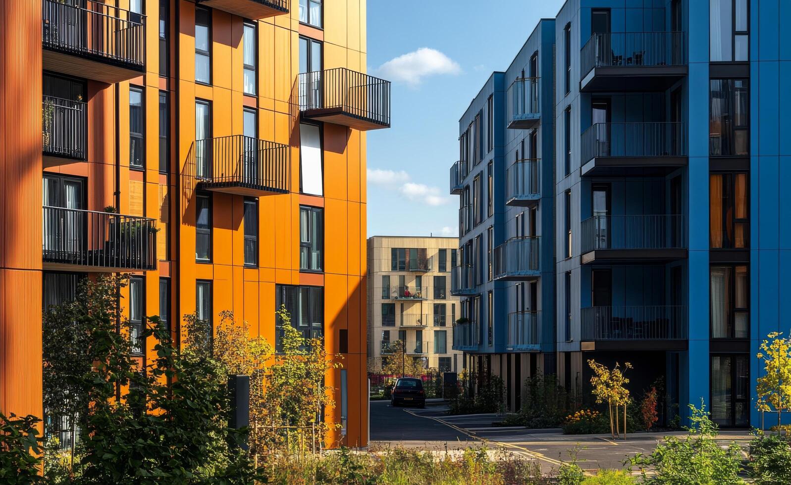 Modern colorful apartment buildings with greenery under a clear sky in an urban setting photo