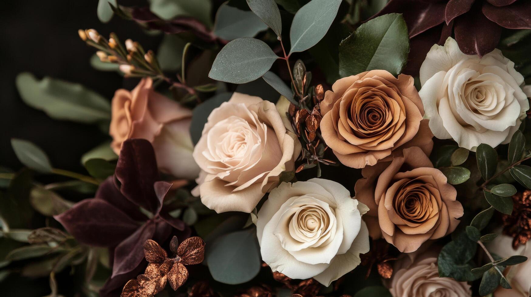 Beautiful arrangement of cream and burgundy roses with greenery in a close-up setting photo