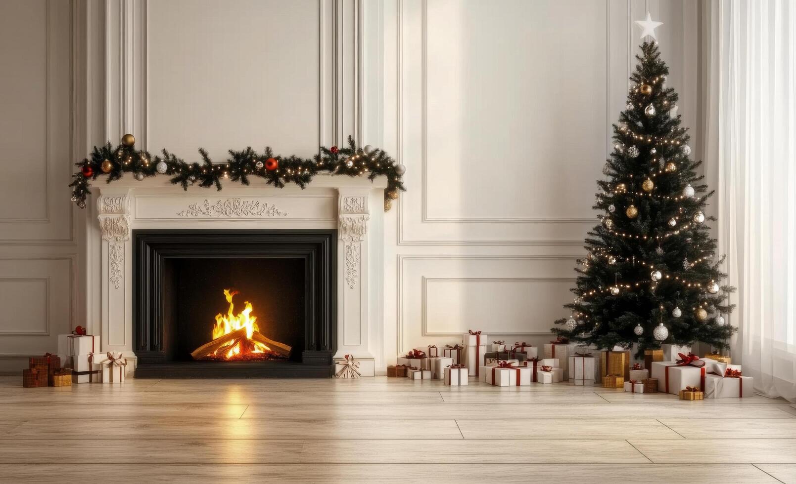 Warm and cozy Christmas living room with a decorated tree and fireplace in bright daylight photo