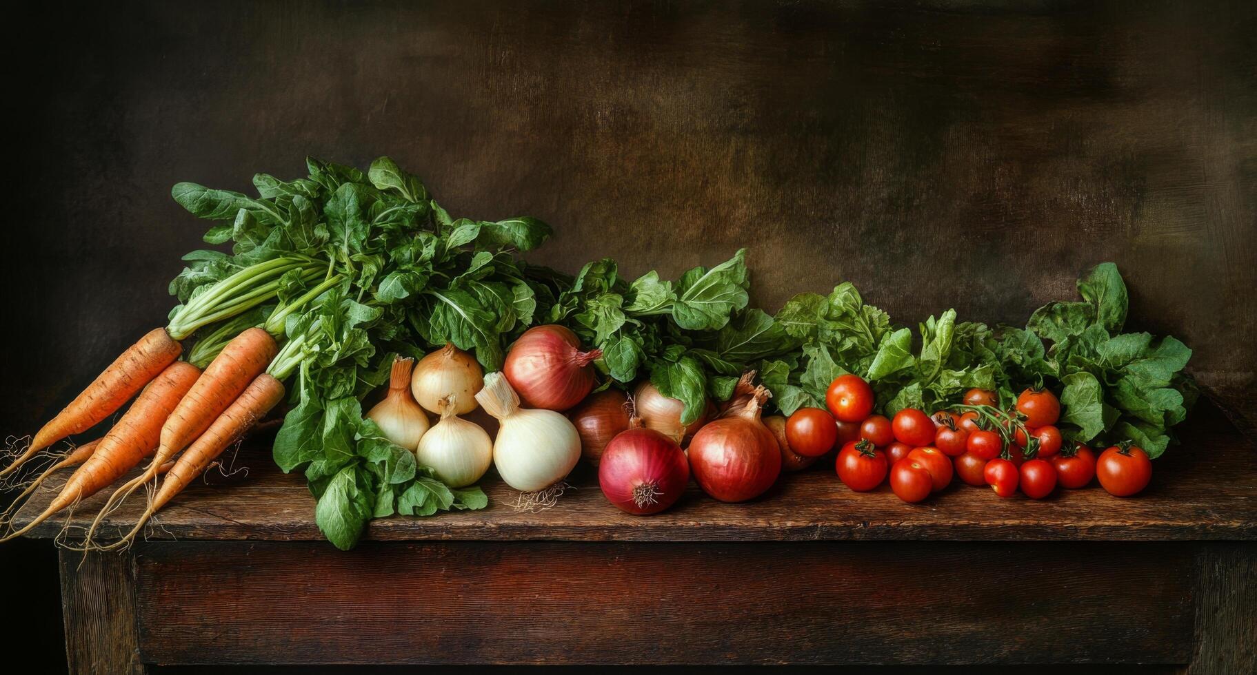 Freshly harvested vegetables arranged on a rustic wooden table with rich colors and textures photo
