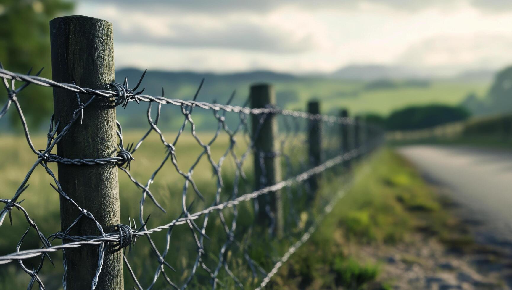 Barbed wire fence along a rural landscape in warm daylight with rolling hills in the background photo