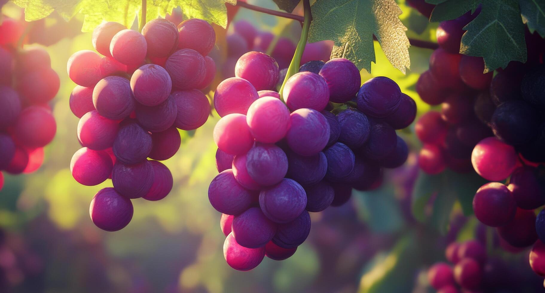 Vibrant bunches of grapes hanging in a sunlit vineyard during the harvest season photo