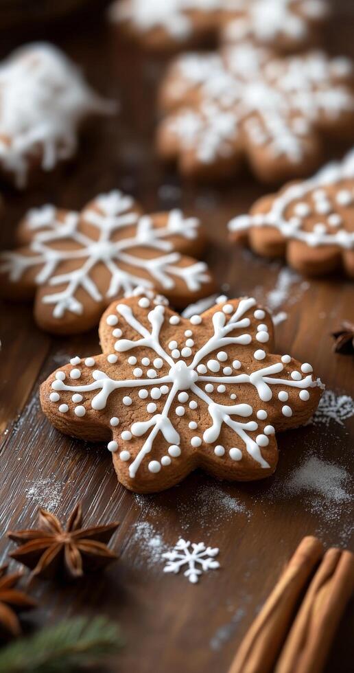 Homemade snowflake-shaped cookies decorated with icing on a wooden surface with spices photo
