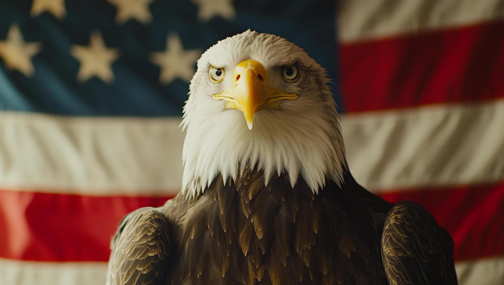 Majestic bald eagle perched in front of an American flag during daylight hours photo