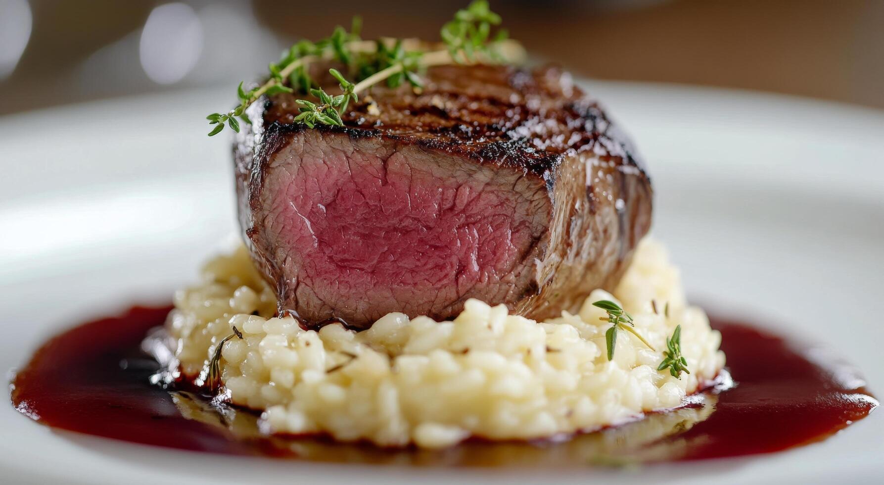 Juicy steak with creamy risotto garnished with fresh herbs on a fine dining plate photo