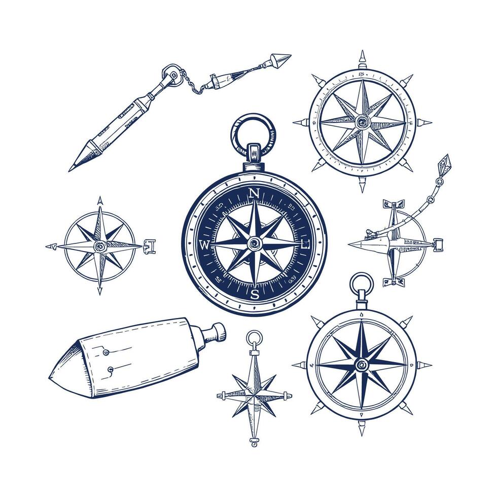 Classic Compass and Navigational Tool Set vector