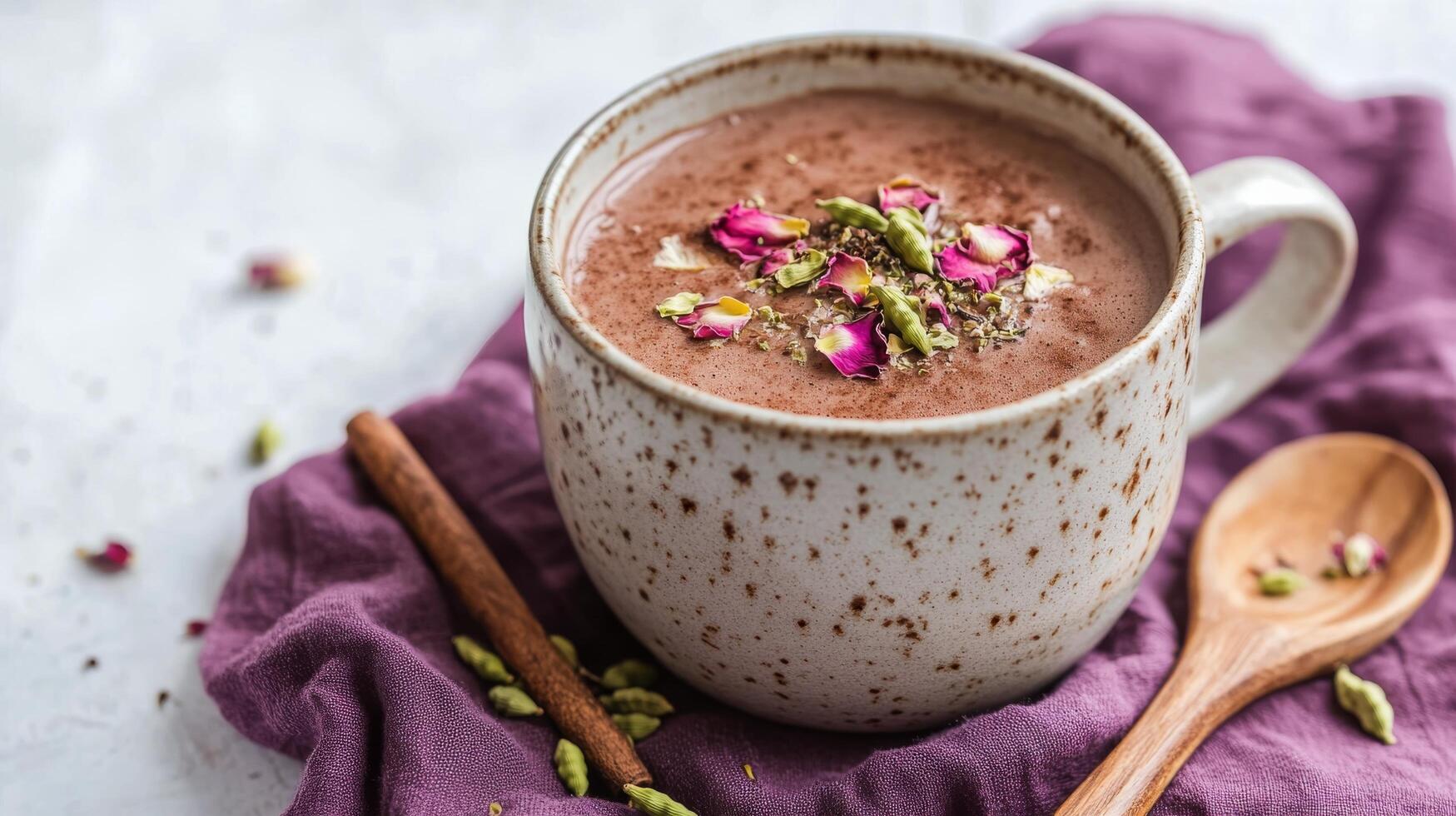 un humeante taza de condimentado caliente chocolate adornado con Rosa pétalos y cardamomo en un acogedor paño foto