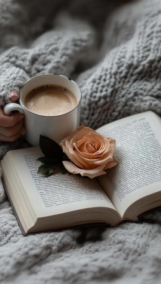 Cozy reading nook with a warm drink and a rose on an open book during a relaxing afternoon photo