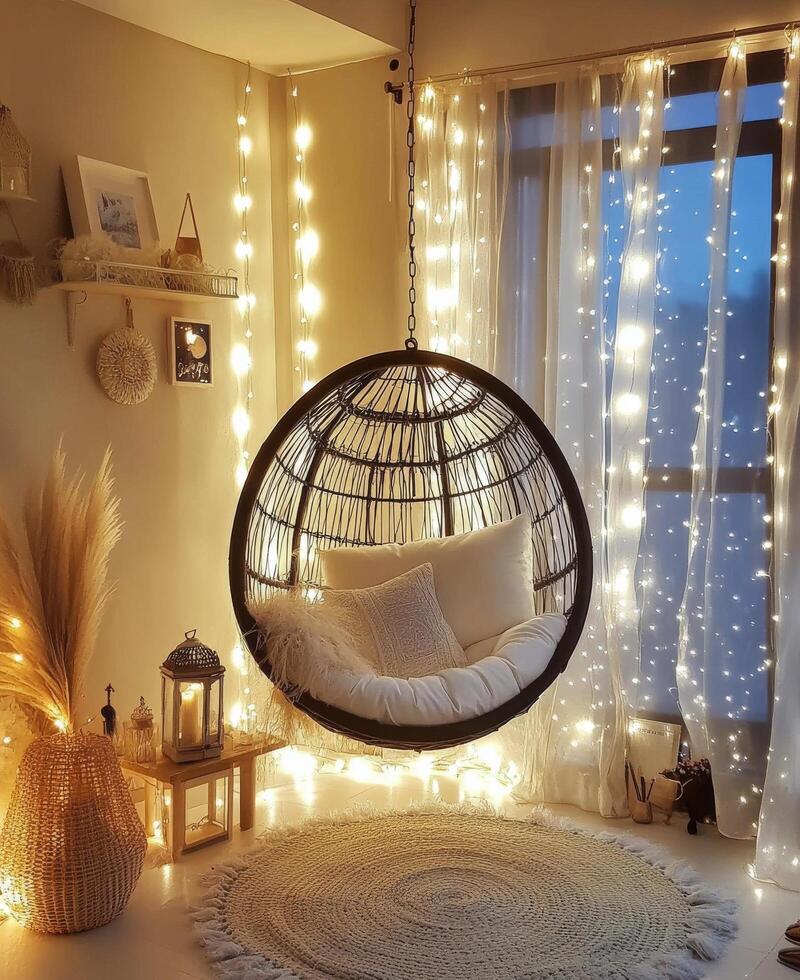 Cozy hanging chair surrounded by warm fairy lights in a modern living space at dusk photo