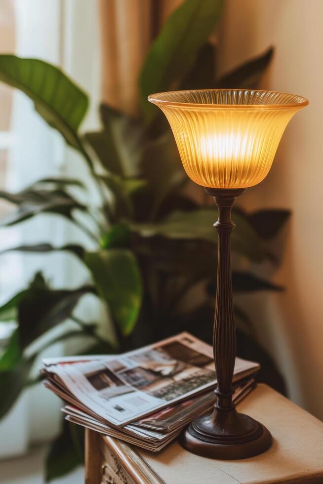 Soft, warm light illuminating a vintage lamp beside magazines on a cozy table in a sunlit room photo