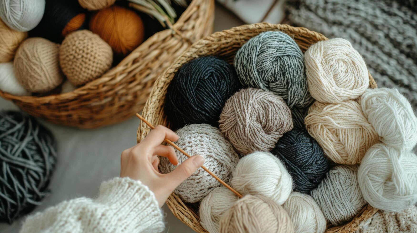 Cozy knitting session with various yarns in a warm, inviting indoor setting during autumn photo