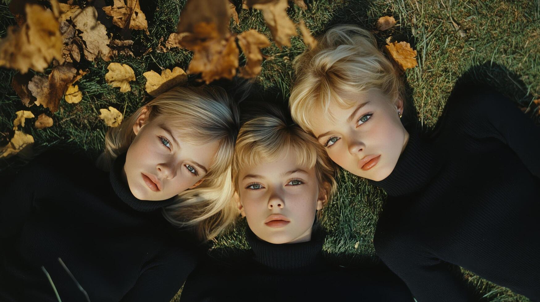 Three young girls in black turtlenecks lying on grass with autumn leaves in the park at midday photo