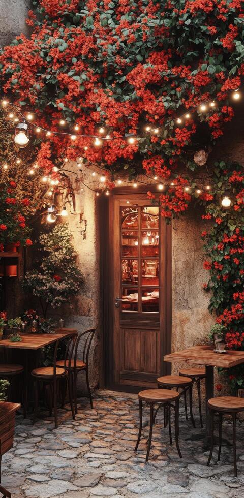 Charming outdoor cafe adorned with vibrant flowers and warm lights during the evening hours photo