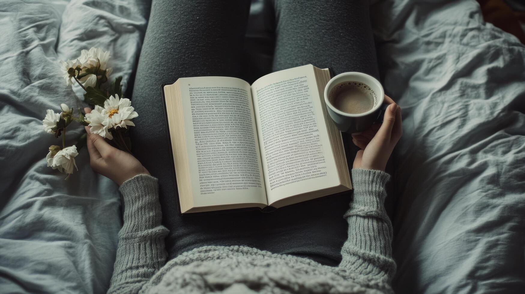 Cozy winter afternoon with a book and coffee, surrounded by flowers in a warm bed setting photo