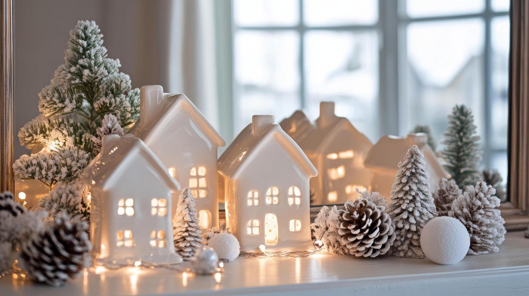 Decorative winter village with illuminated houses and holiday accents on a cozy mantle photo