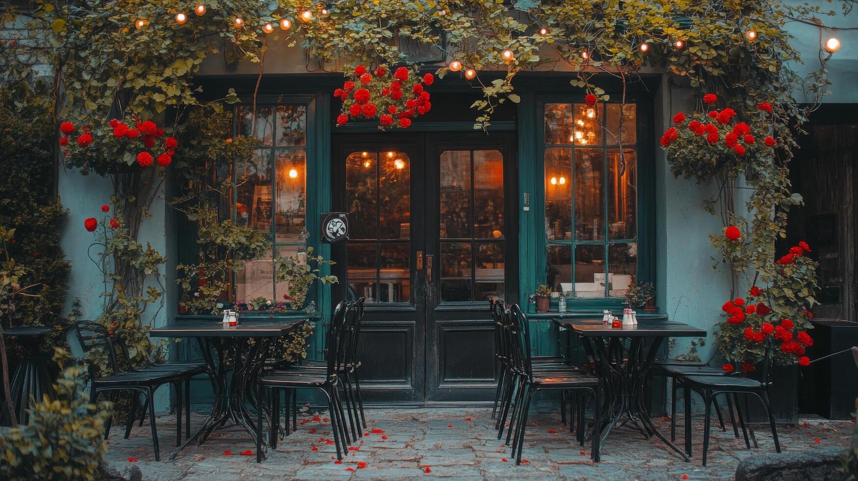 Charming outdoor cafe with vibrant red flowers in the evening near a cozy street photo