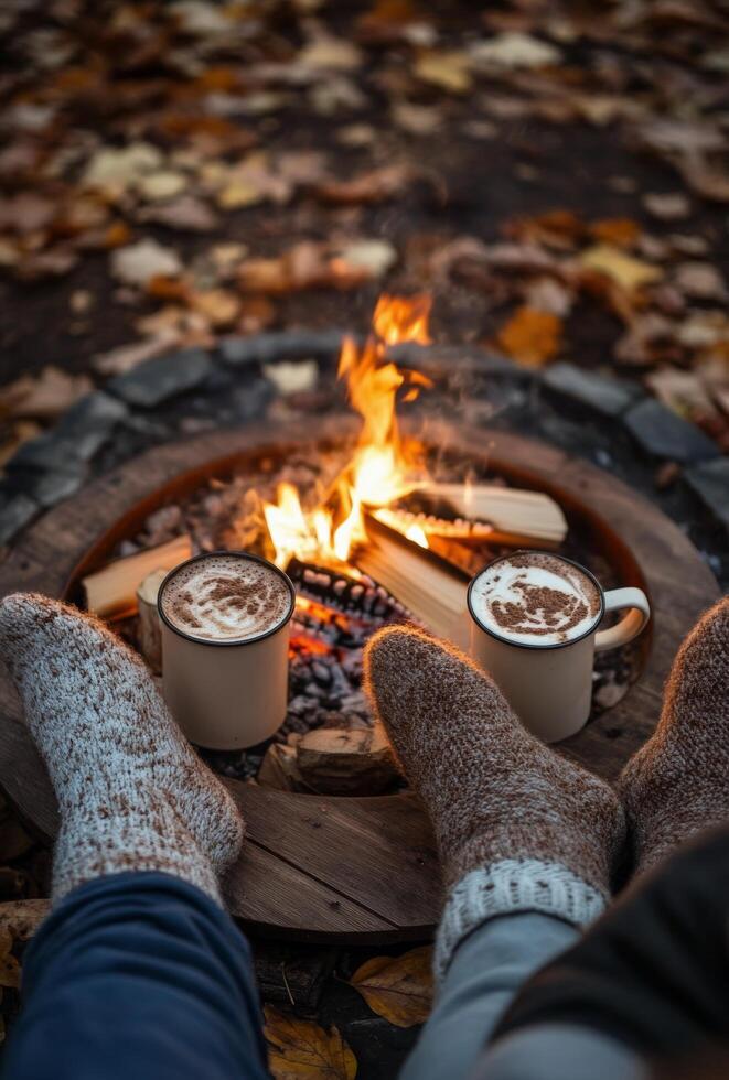 Cozy autumn afternoon with coffee and a fire on a wooden tray surrounded by fallen leaves photo