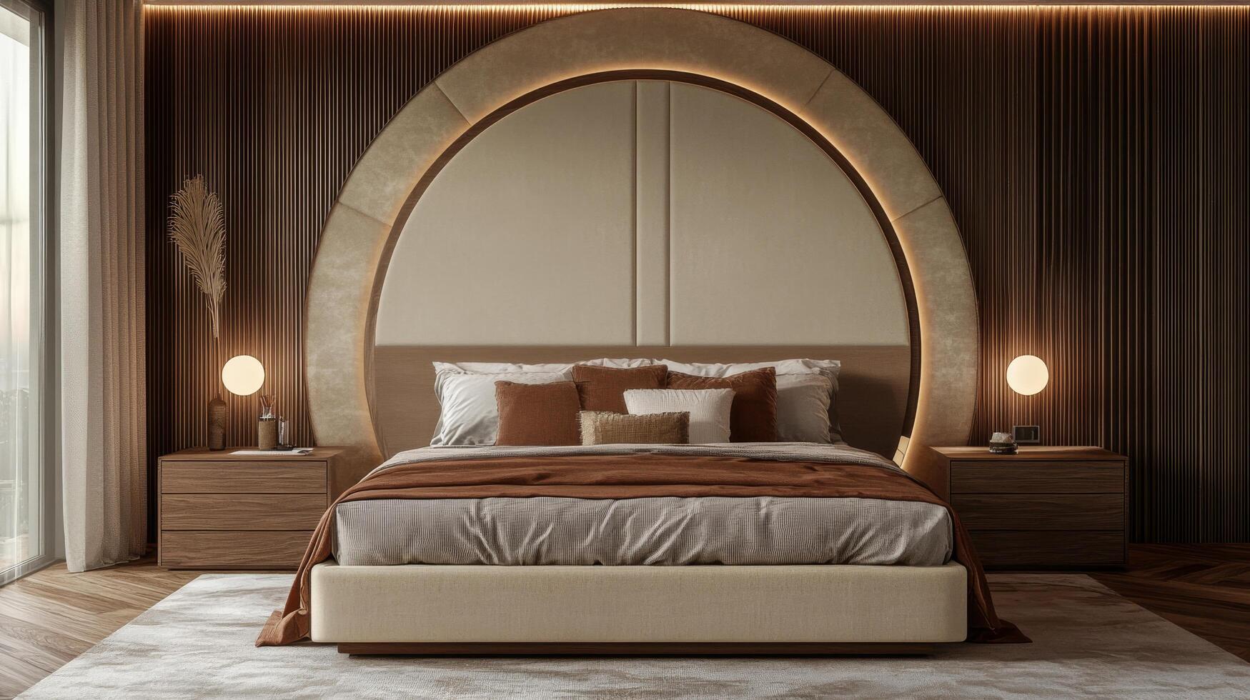 Modern bedroom design featuring a unique circular headboard and warm lighting in a serene space photo