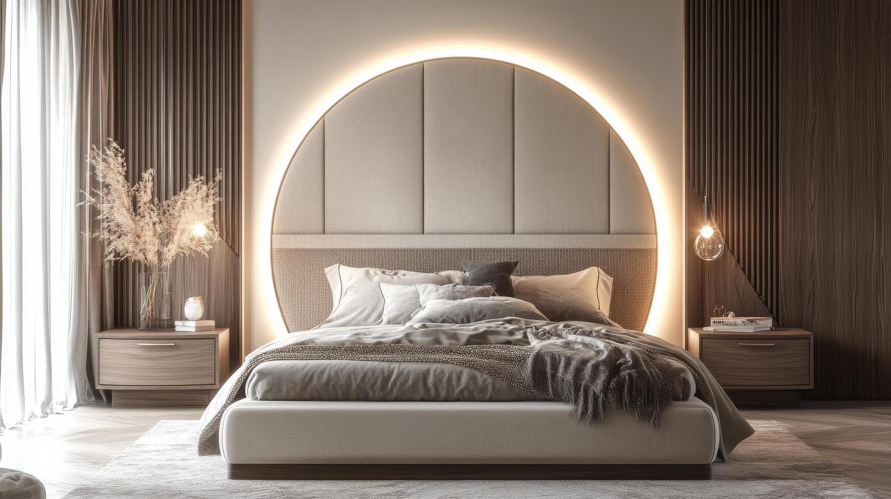 Modern bedroom design featuring a unique circular headboard and warm lighting in a serene space photo