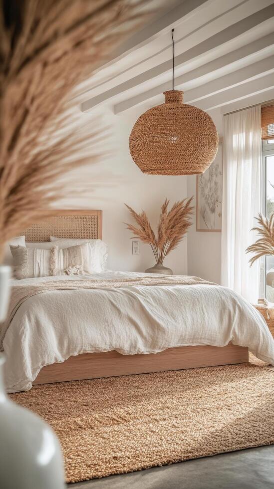 Stylish modern bedroom with natural decor and soft lighting during the day in a cozy setting photo
