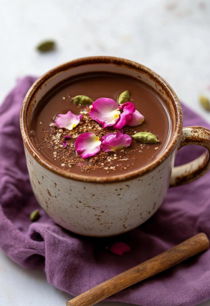 Warm spiced cocoa topped with rose petals and nuts resting on a purple cloth photo