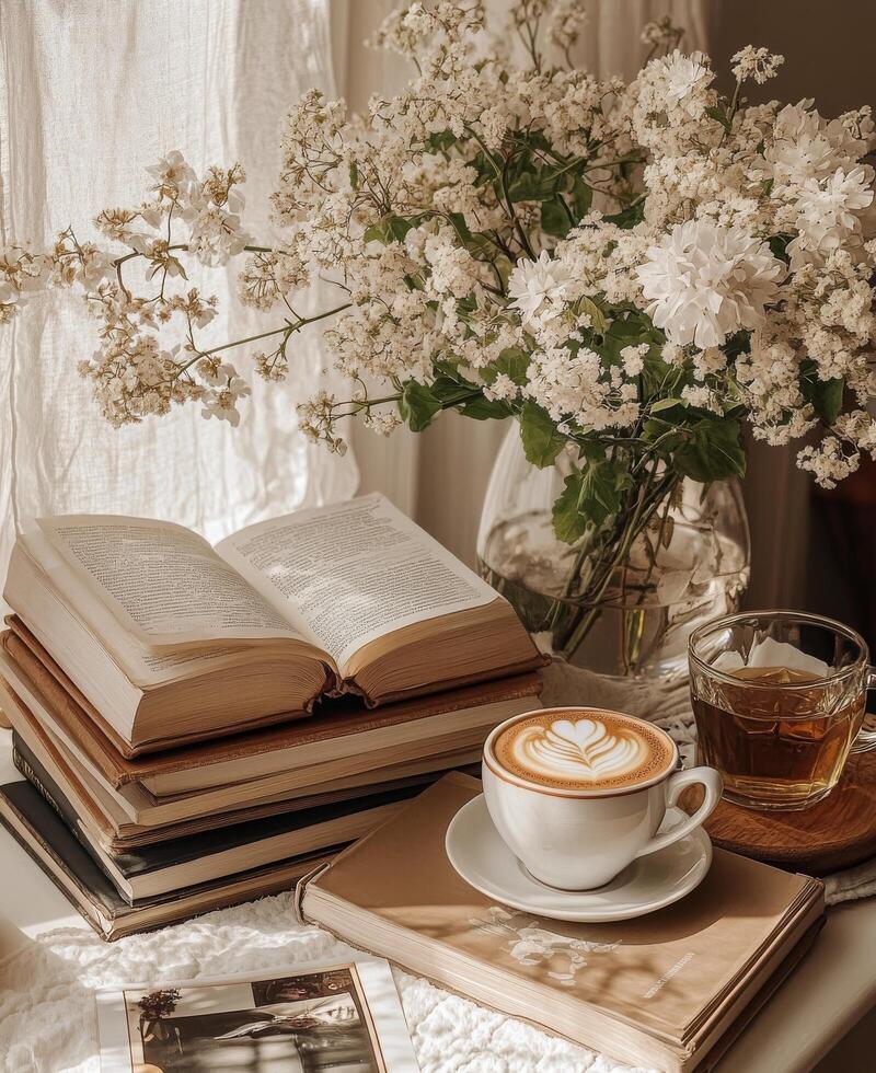 A cozy coffee moment with flowers and books on a wooden table in a warm setting photo