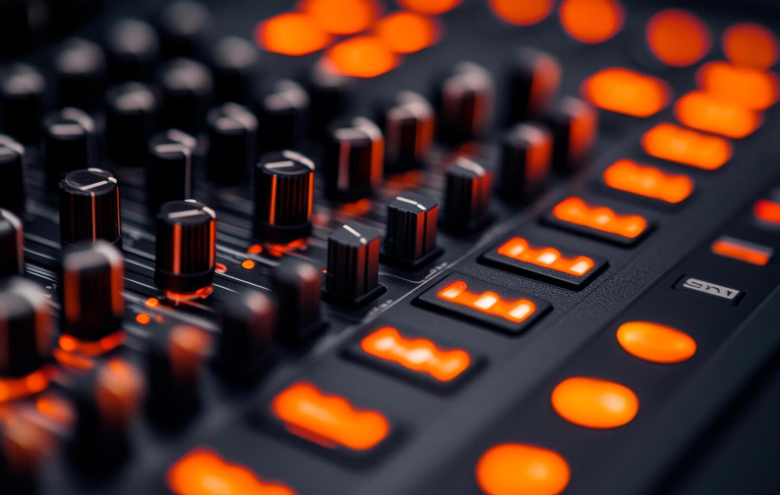 Close-up view of a sound mixer with glowing controls and dials in a recording studio photo