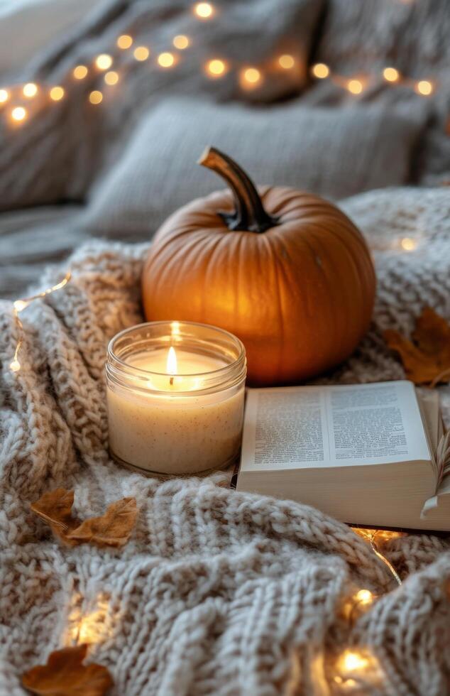 Cozy autumn evening with a pumpkin, candle, and an open book by the window on a warm blanket photo
