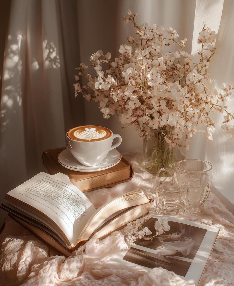 A cozy coffee moment with flowers and books on a wooden table in a warm setting photo