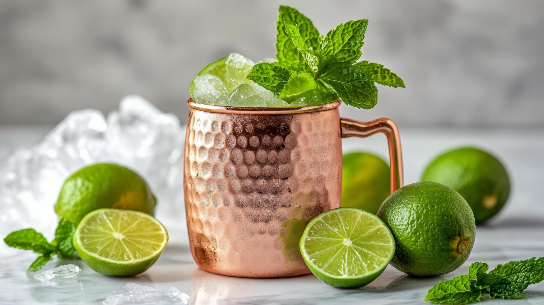 Refreshing cocktail with mint and lime served in a copper mug on a marble countertop photo