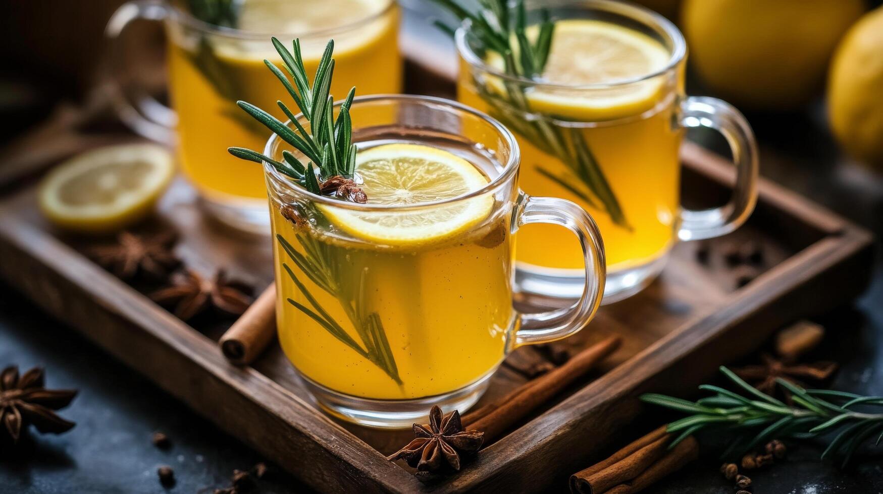 Refreshing herbal tea with lemon and spices served in transparent mugs on a wooden tray photo