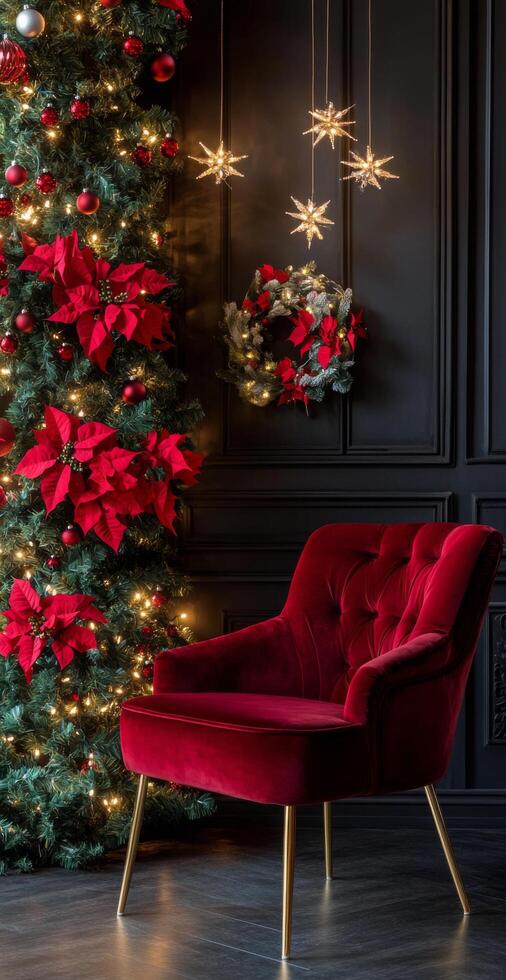 Cozy red chair in a festive room decorated with a Christmas tree and poinsettias photo
